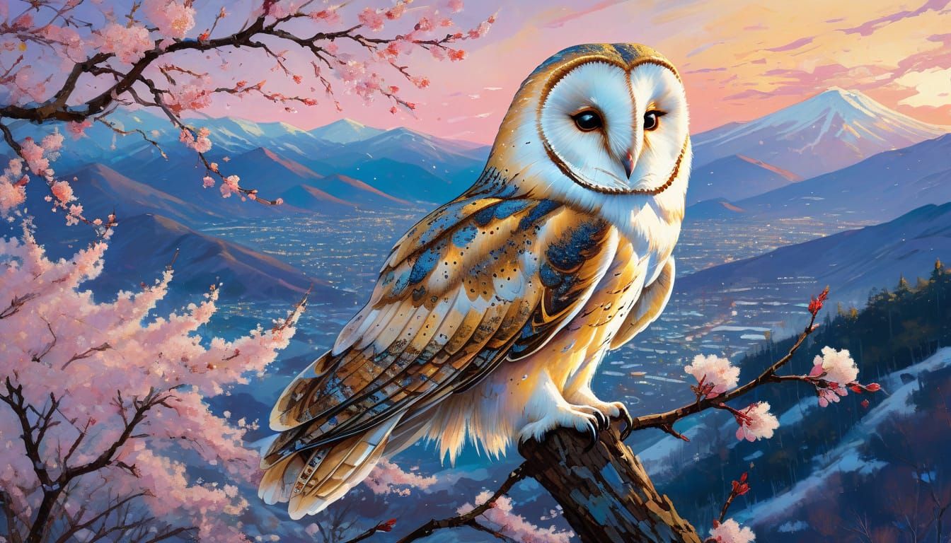 Barn Owl on Cherry Blossoms at Sunset