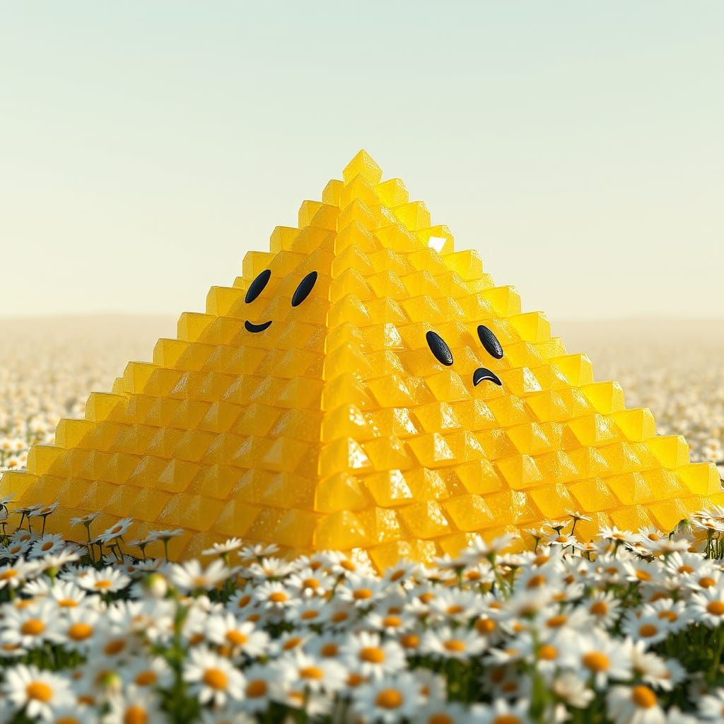 Colossal Candy Pyramid with Shocked Face in CGI Style