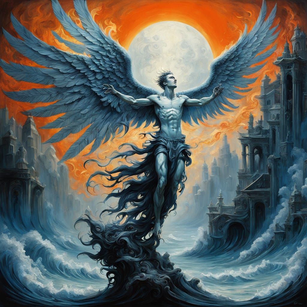 Winged Icarus Ascends Amidst Blazing Skies and Turbulent Sea...