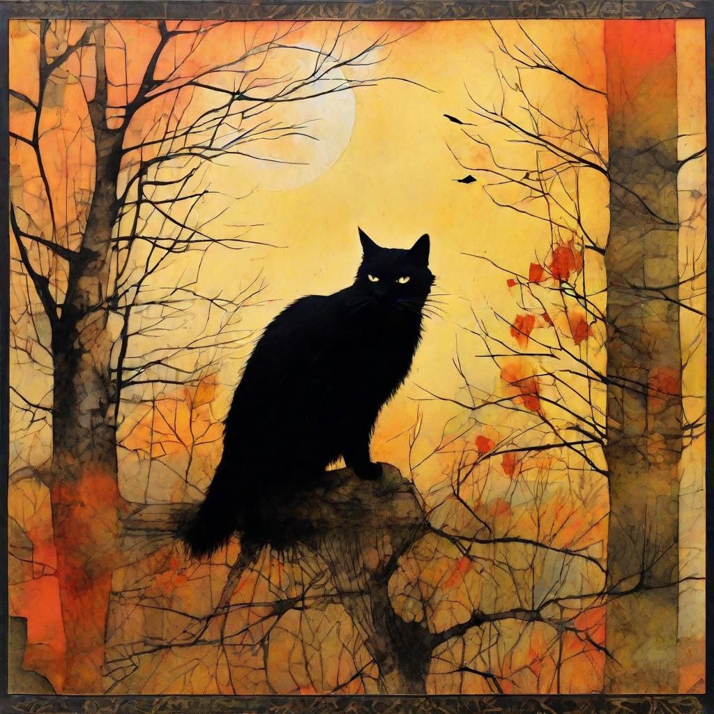 Eerie Autumnal Scene with Black Cat and Crows