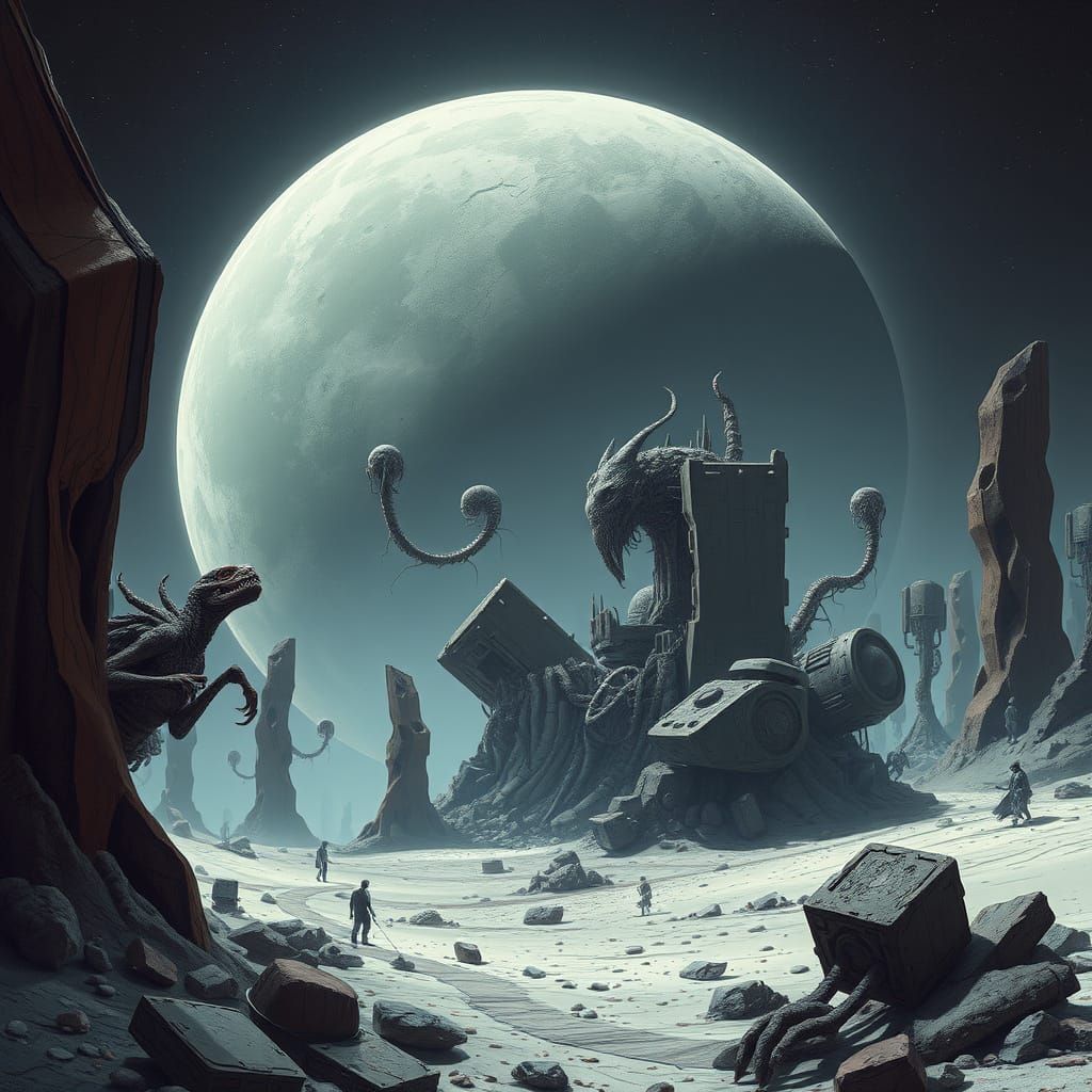Desolate Moon with Alien Life, Dystopian Sci-Fi