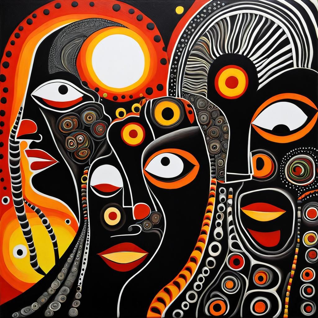 Sunset with Pareidolia Faces: Surrealist Aboriginal Oil Pain...