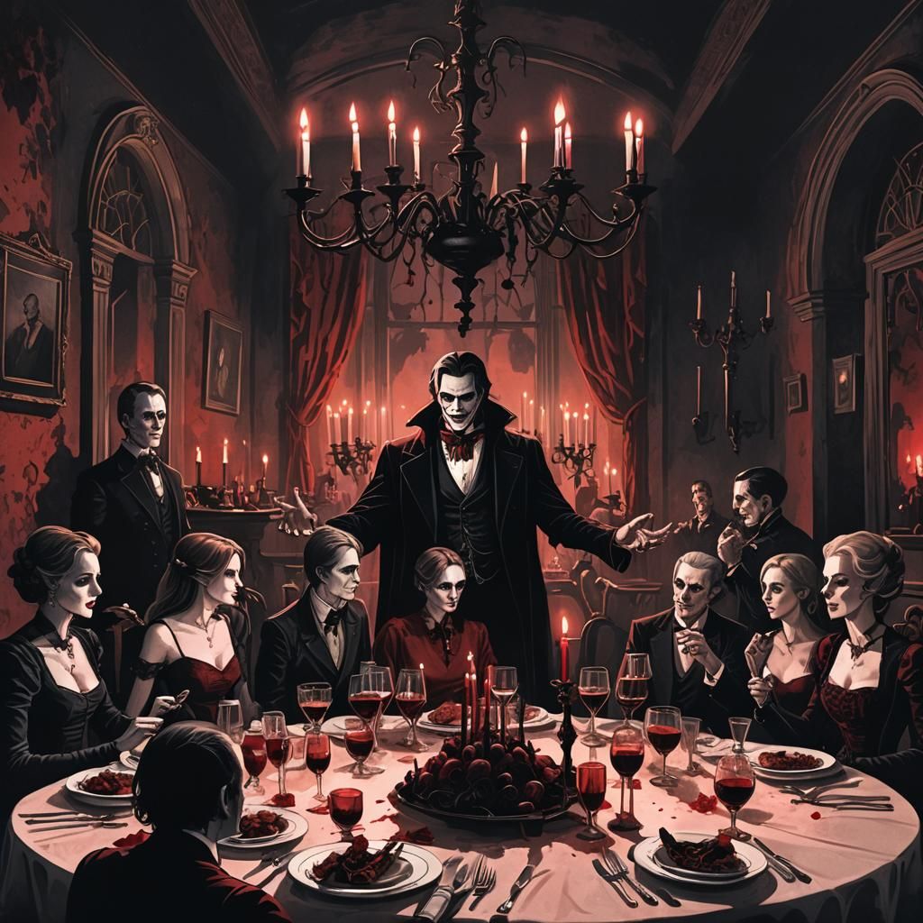 Vampires Gathered for Dinner in Dark Fantasy Illustration