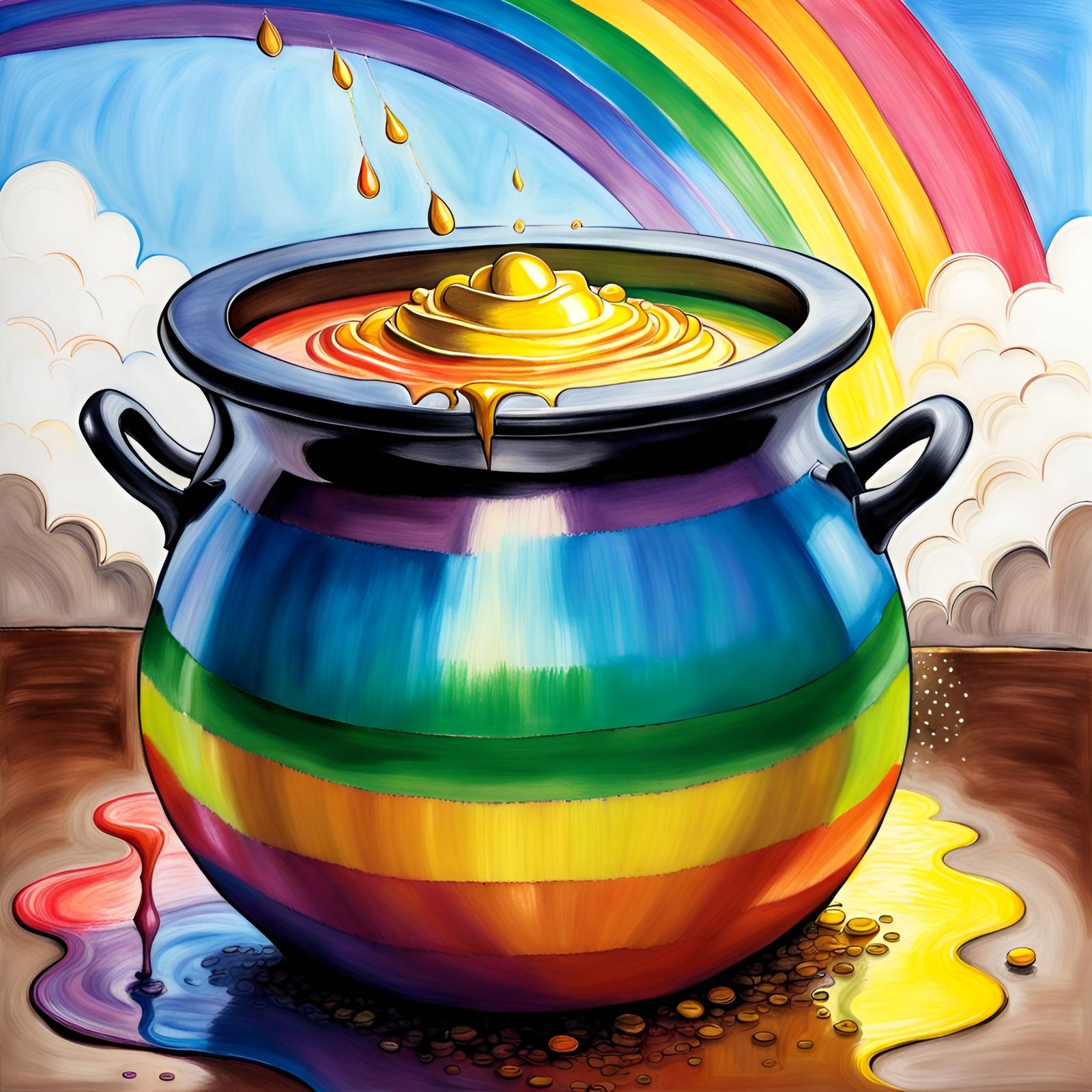 Rainbow and Pot of Gold in Crayon Style
