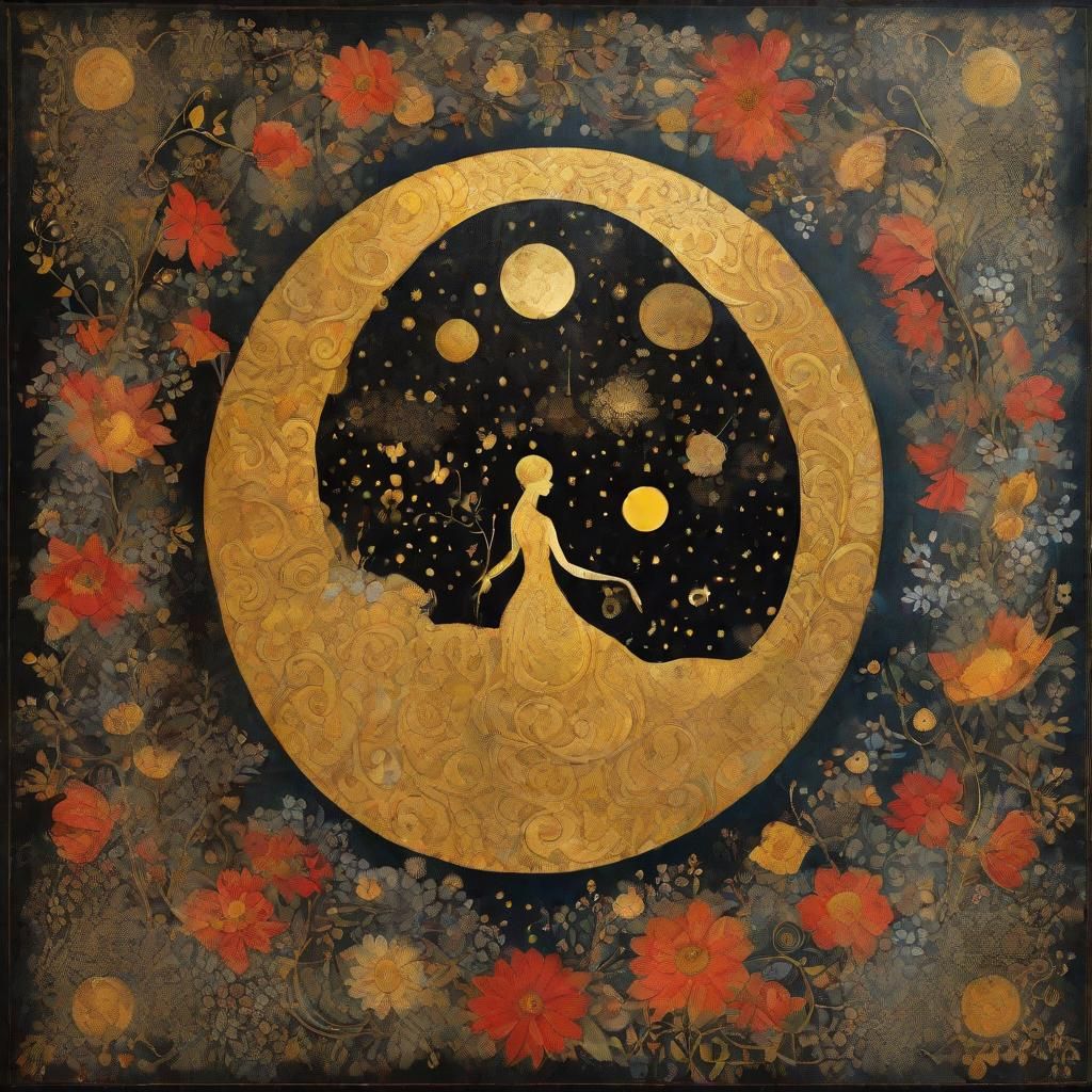 Golden Moon Double Exposure in Folk Art Style