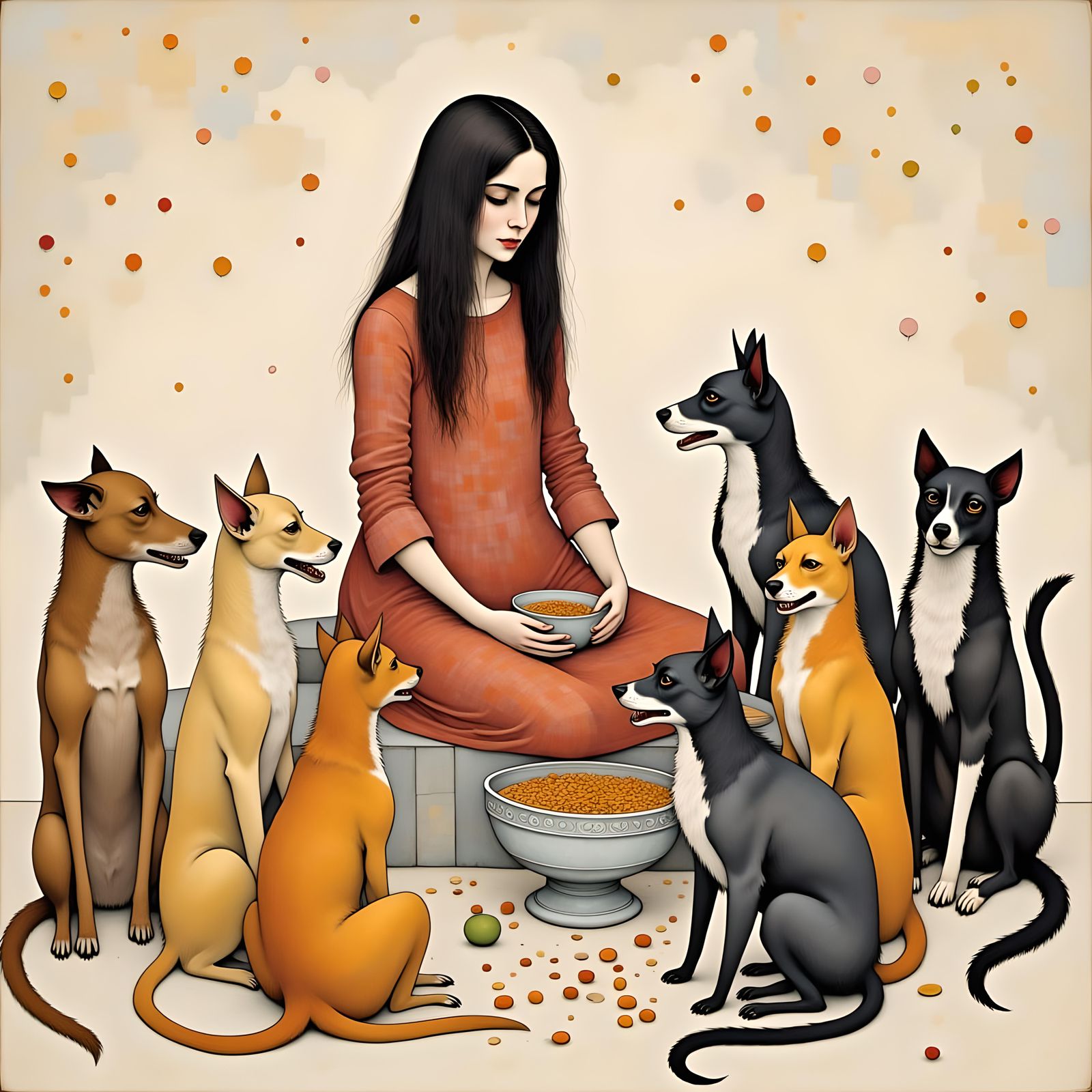 Whimsical Watercolor of Woman with Animals