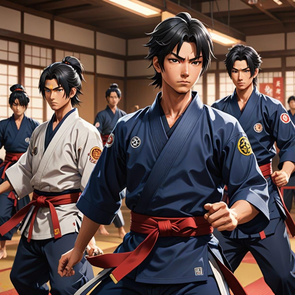 Anime Trainees Practice Martial Arts in Dojo
