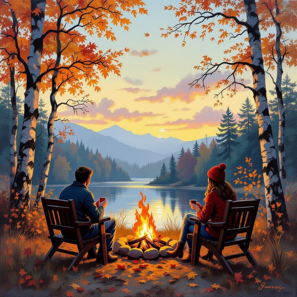 Stargazing Bonfire: Autumnal Oil Painting by James Gurney