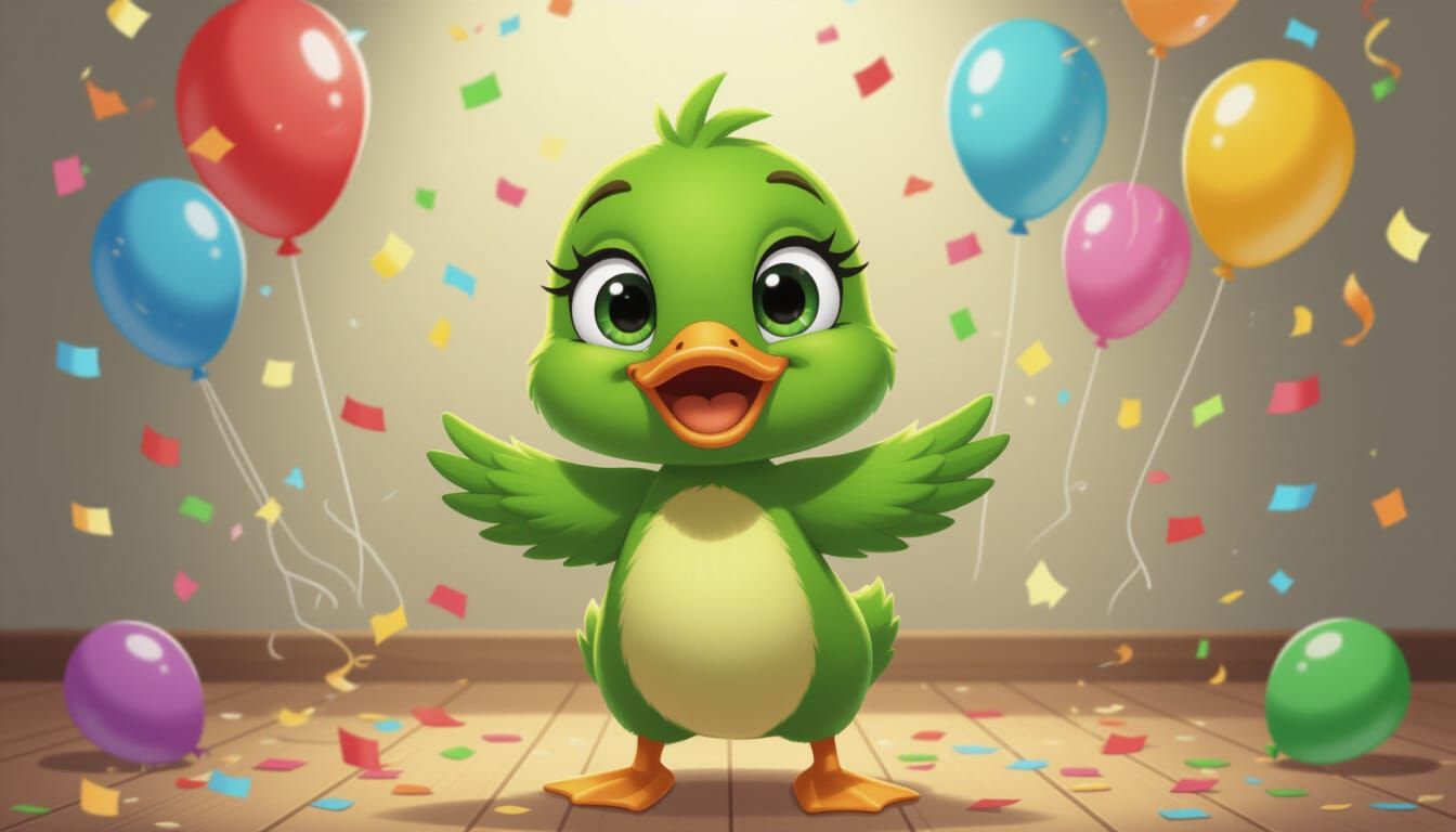 Happy Green Duckling Dancing with Balloons in 3D