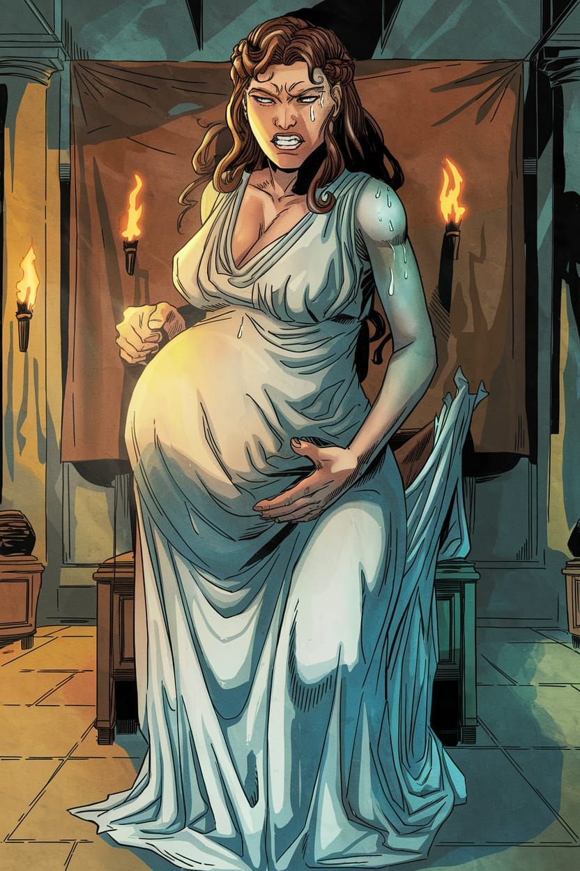 Pregnant Greek Queen in Labor: Comic Book Art