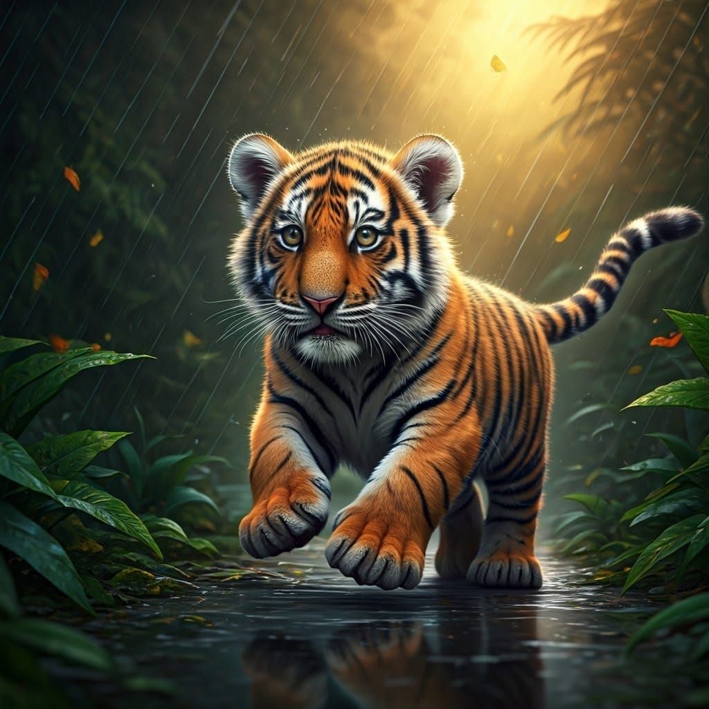 Baby Tiger Running Joyfully in Rainy Jungle