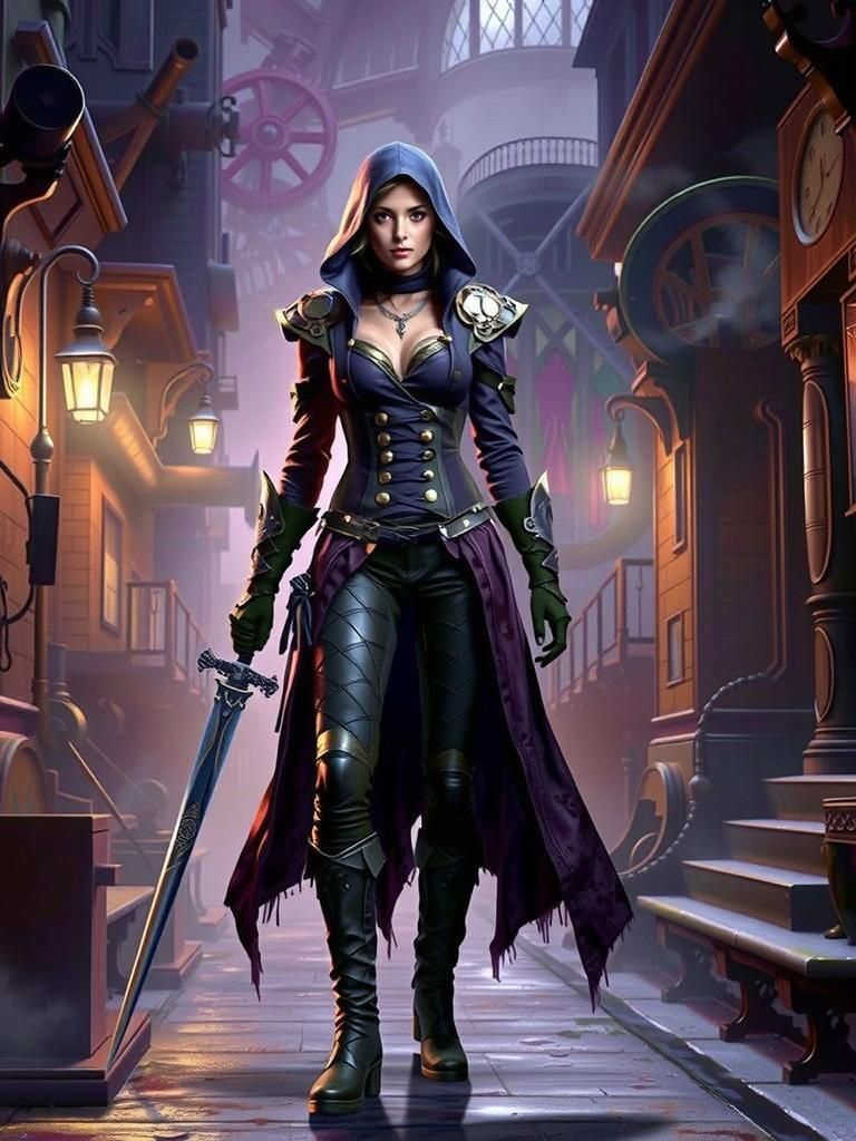Steampunk Sword Fighter in Victorian Cityscape