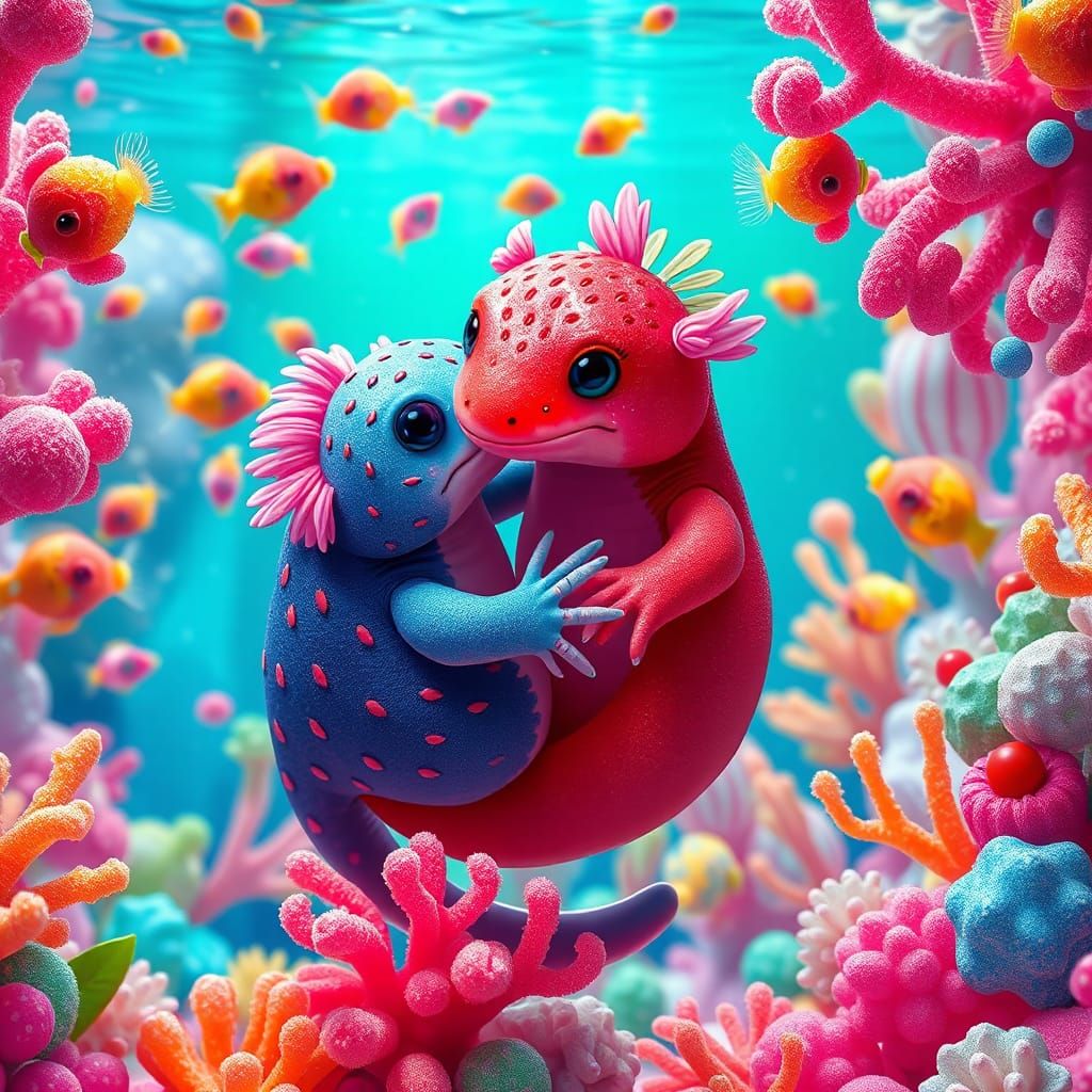 Candy Axolotls in a Rainbow Lake
