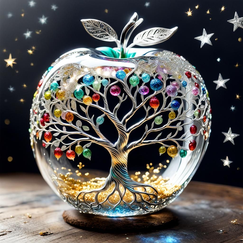Glass Apple with Silver Tree of Life: Cosmic Art
