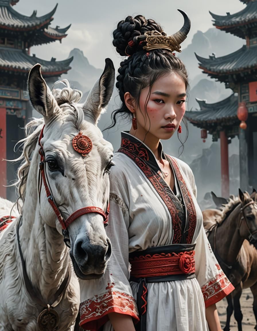 Sassy Chinese woman, with dark curly hair wearing an ornate ...