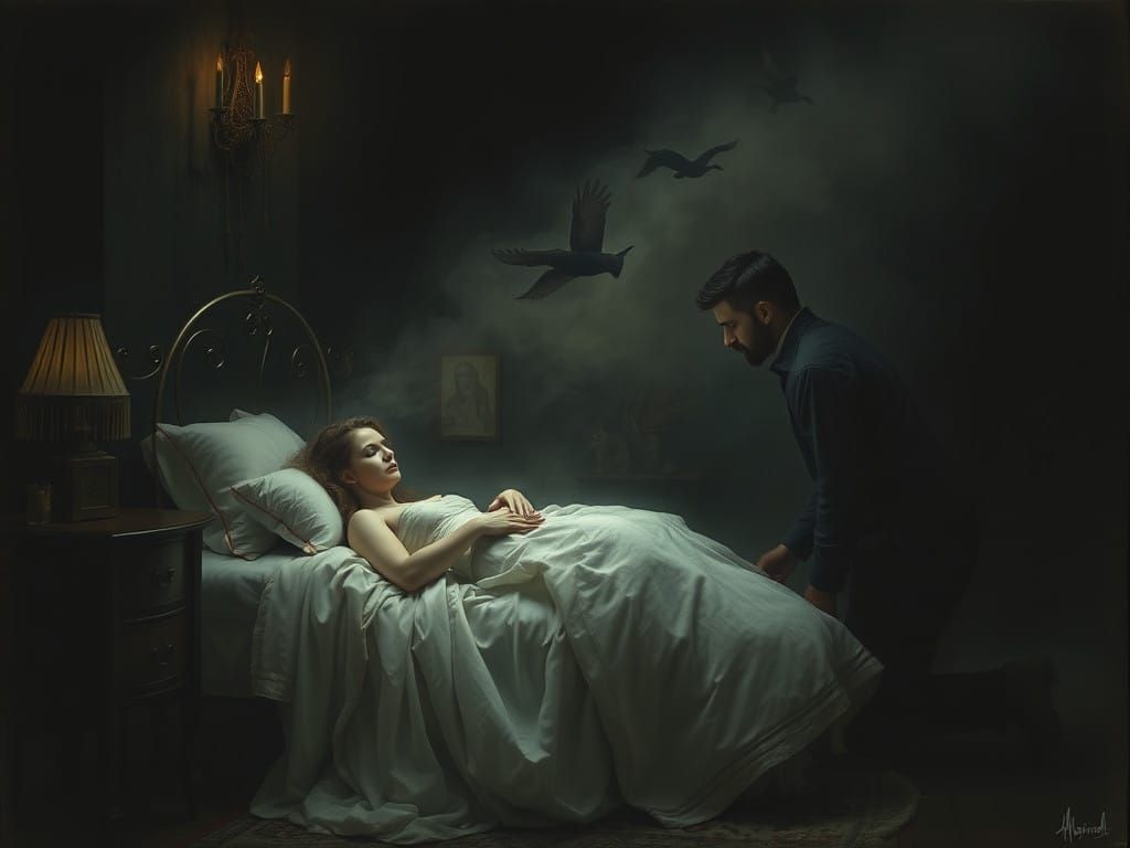 A Man's Haunting Grief in a Dark, Ethereal Scene