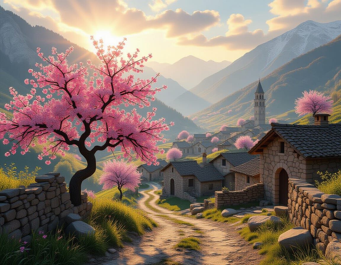 Almond Blossoms in Abandoned Village Digital Matte Painting