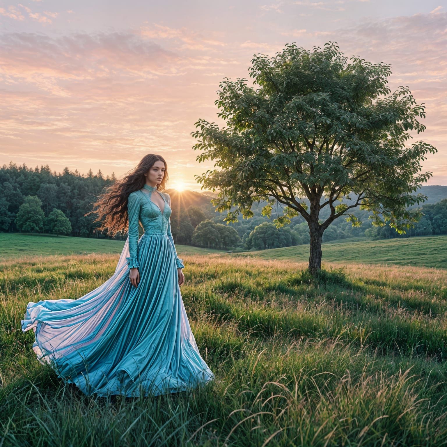 Ethereal Woman in Pink Sunrise, Green Apple Tree
