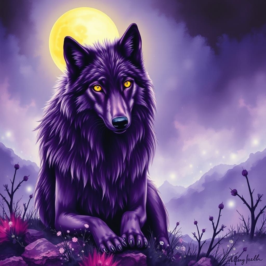 Violet Wolf Under Moon in Alcohol Ink Style