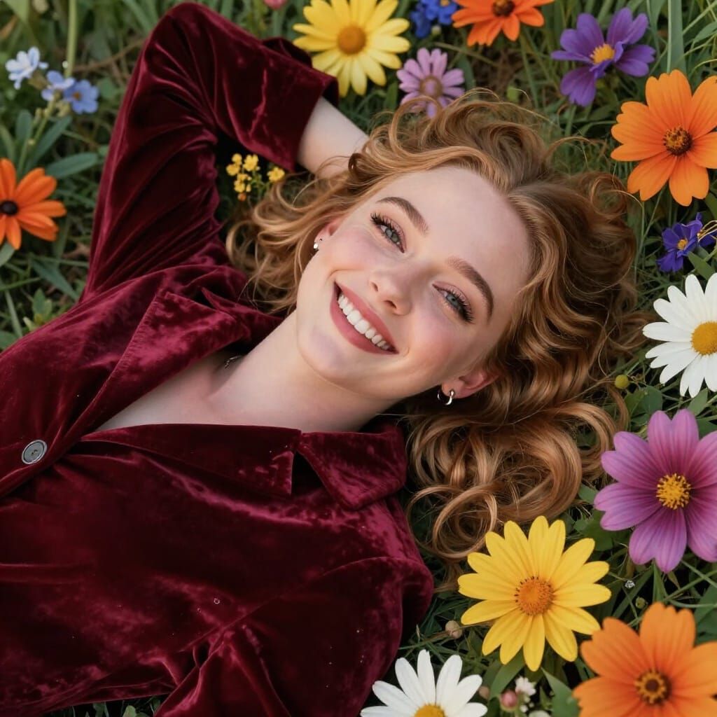 Happy Woman in Velvet Jacket Among Flowers