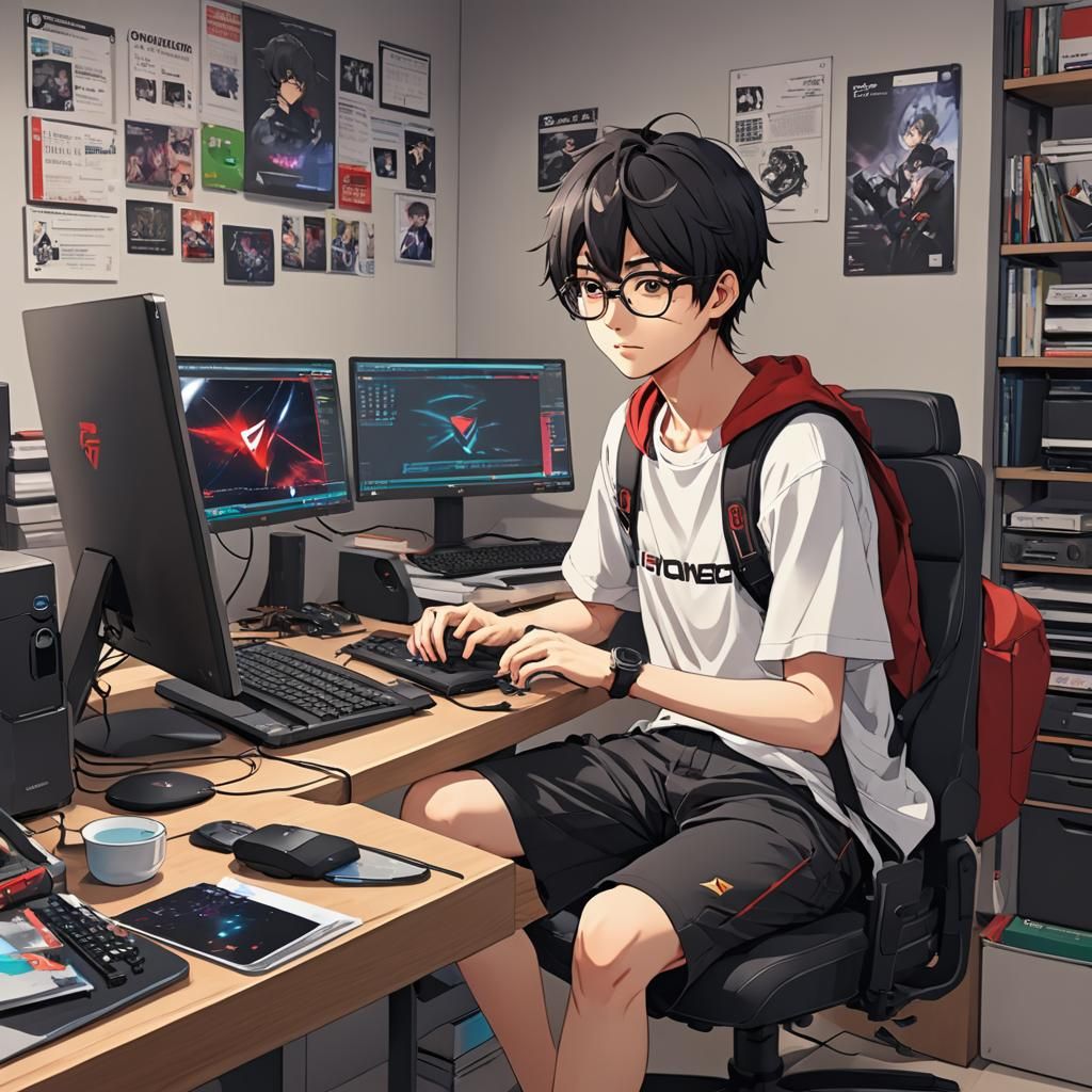Lofi Boy Studying at RGB Gaming Setup in Anime Style