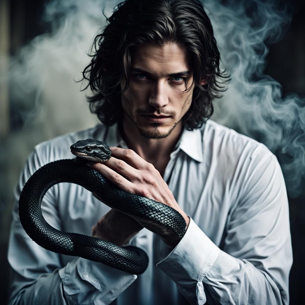 Man with Snake: Hyperrealistic Portrait in Bold Colors