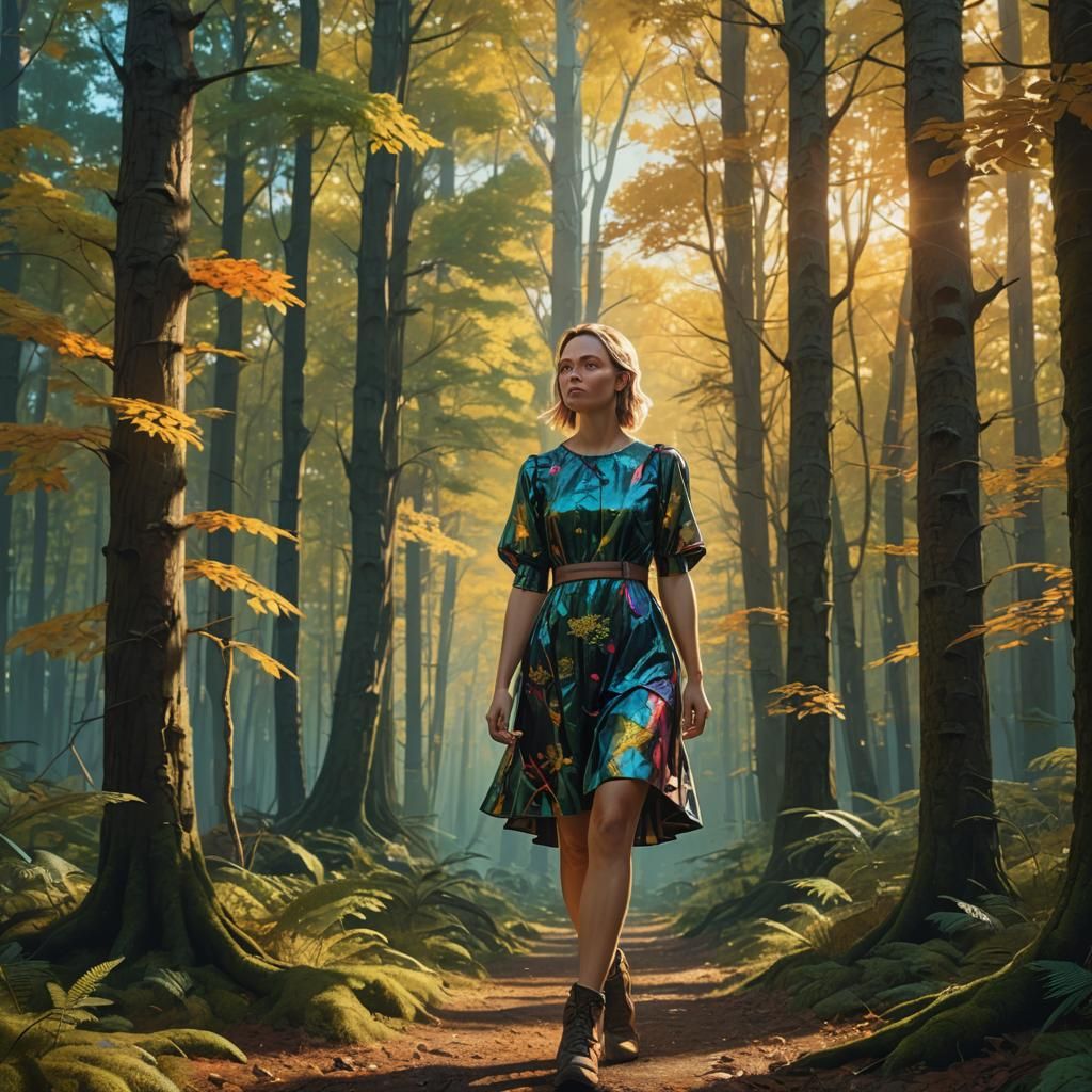 Girl in Printed Dress in Sunlit Forest