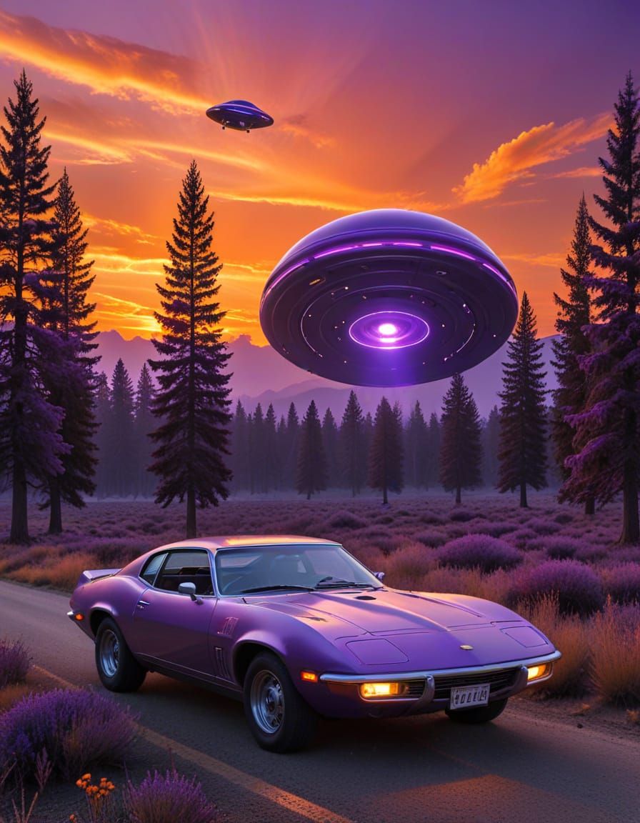 UFO Sighting with Car at Colorful Sunset