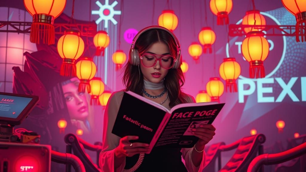 Woman Reading Cyberpoems in Retrofuturistic Atlantida