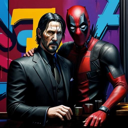 Deadpool and John Wick at a Bar in Graffiti Style