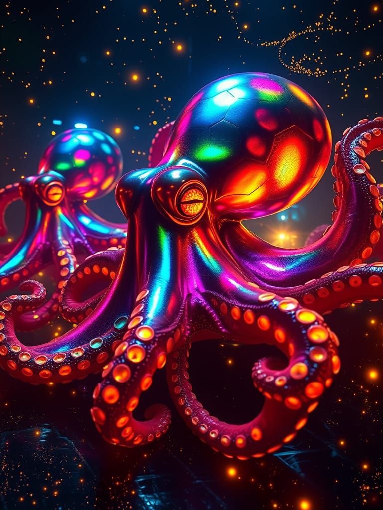 Glowing Octopus Emerges from Cosmic Ink Sea