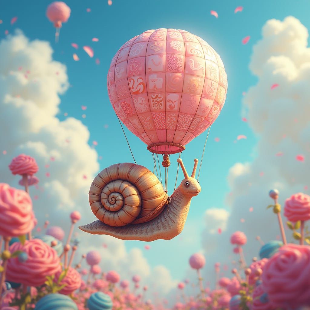 Hot Air Balloon Snail over Candy Land in Hyperrealism Style