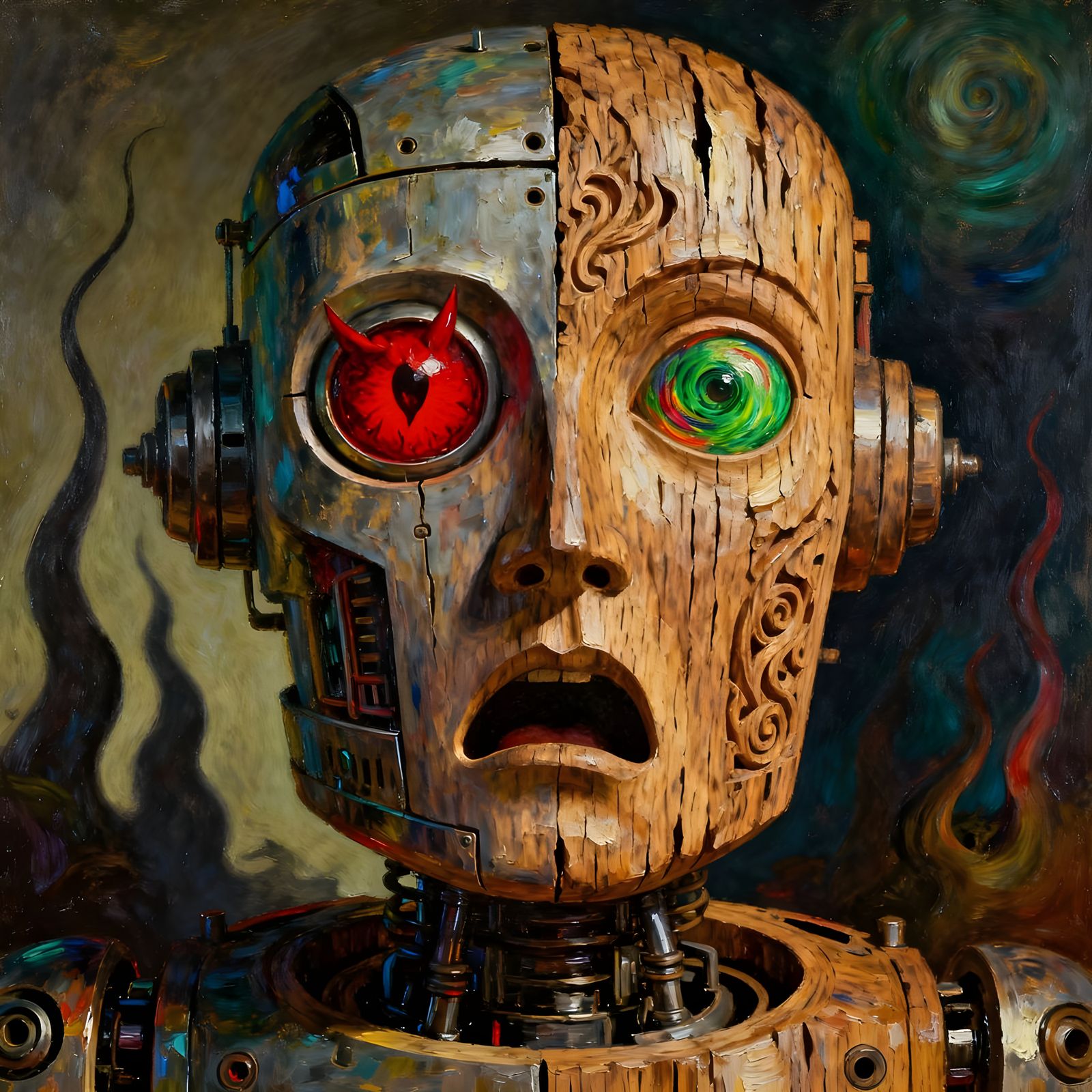 Mid Century Cyborg Robot with Demonic Eyes, Shocked Expressi...