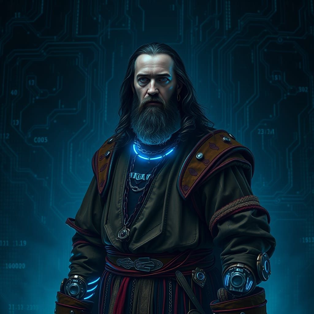 Cybernetic Renaissance Man in Ominous, High-Contrast Setting