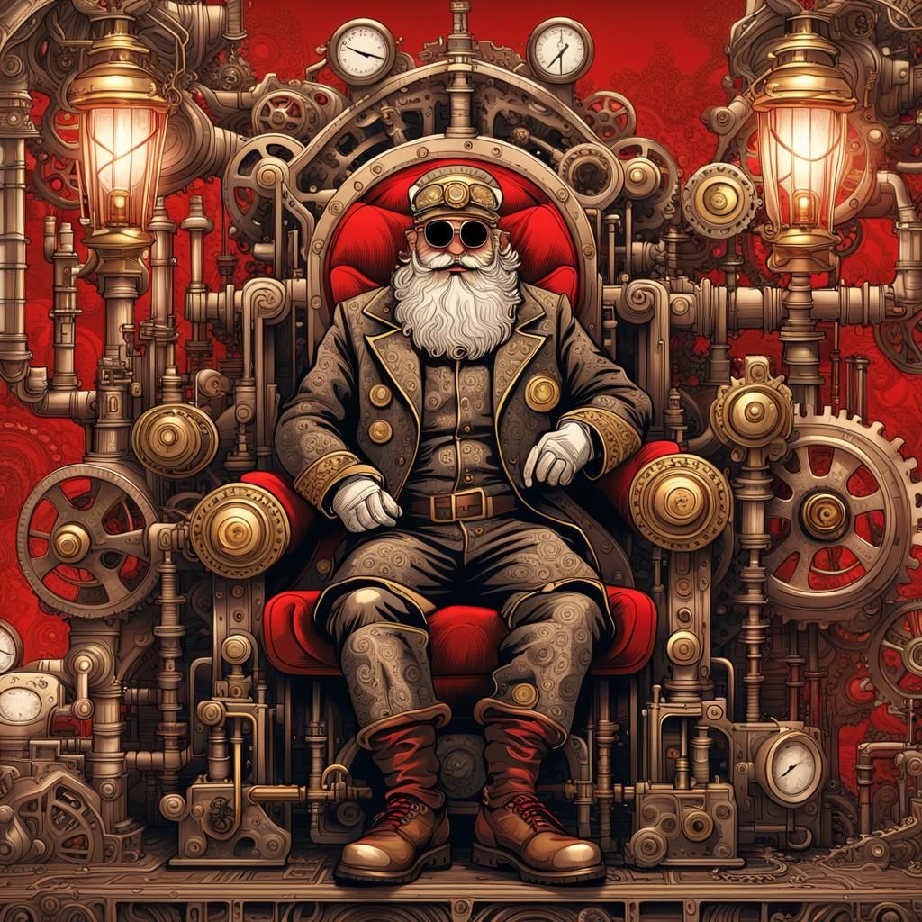 Dark Steampunk Santa Claus in Industrial Sci-Fi Throne