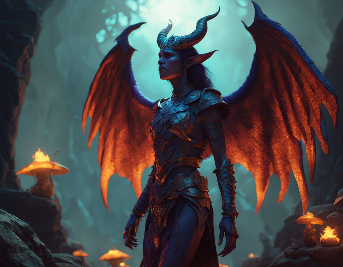 Ethereal Demon Goddess in Vibrant Fantasy Realm