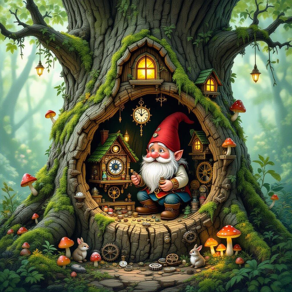 Gnome Crafts Cuckoo Clocks in Magical Tree Stump
