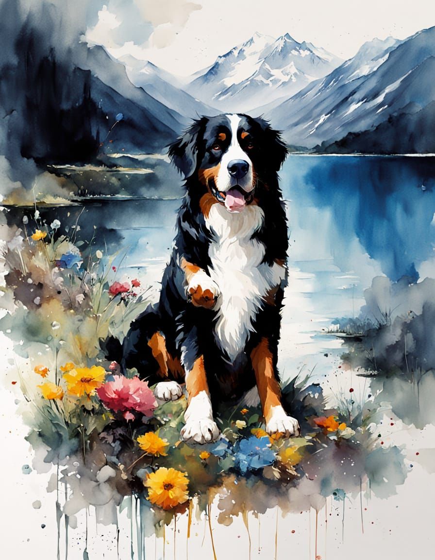 Watercolor Bernese Mountain Dog in Serene Landscape