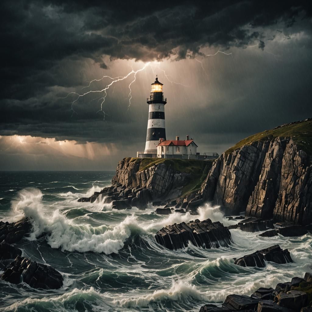 Striking Lighthouse on Cliff During a Storm