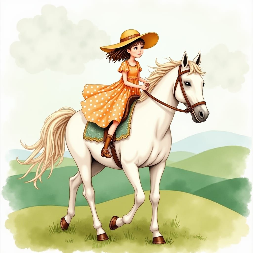 Whimsical Girl and Horse in Watercolor Style