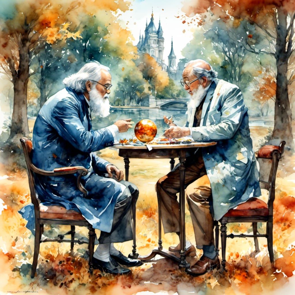 Scientists Discussing the Universe in Gouache Style