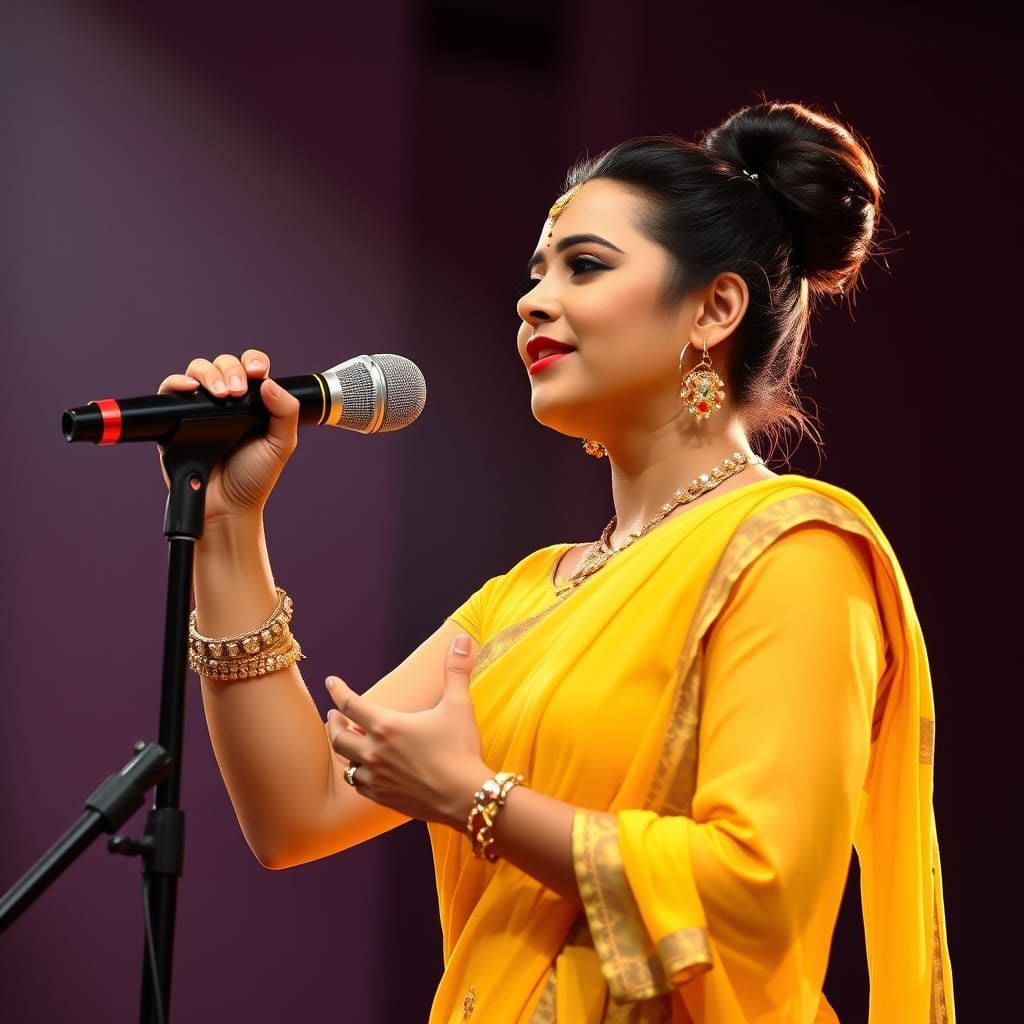 Indian Woman Singing on Stage in Yellow Dress