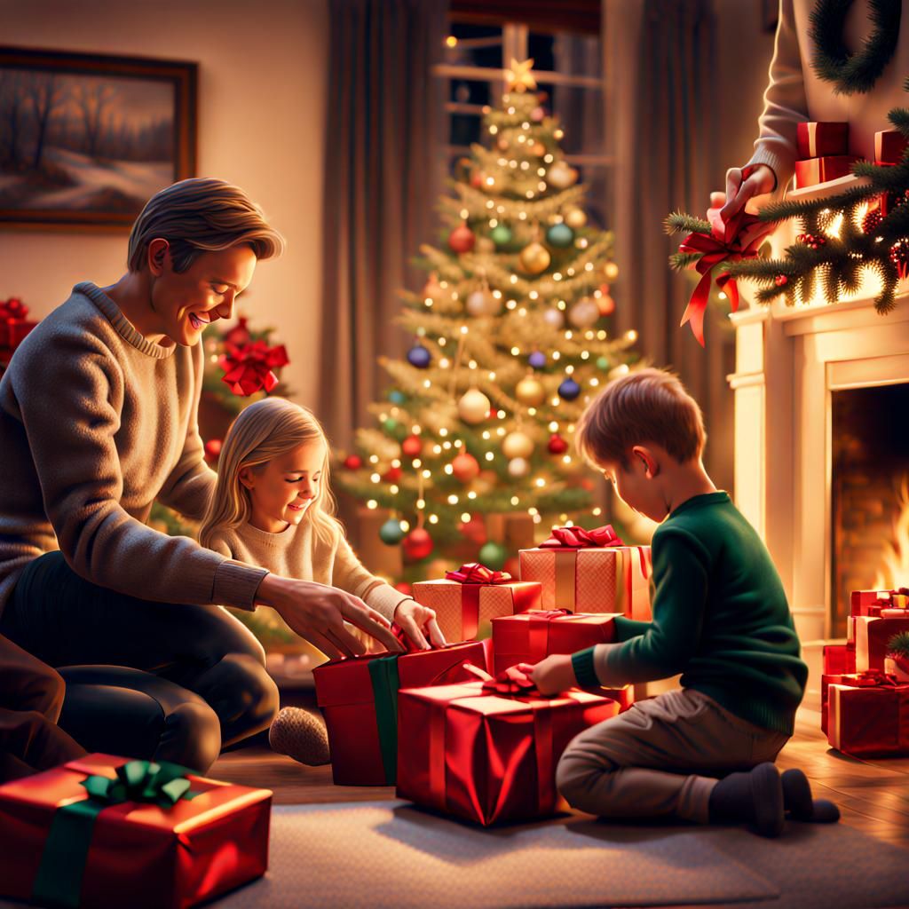 Offspring opening Christmas presents by the tree, fireplace,...