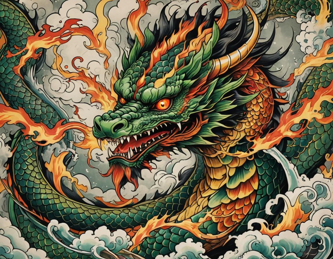 Dragon Tattoo in Ukiyo-e Woodblock Style