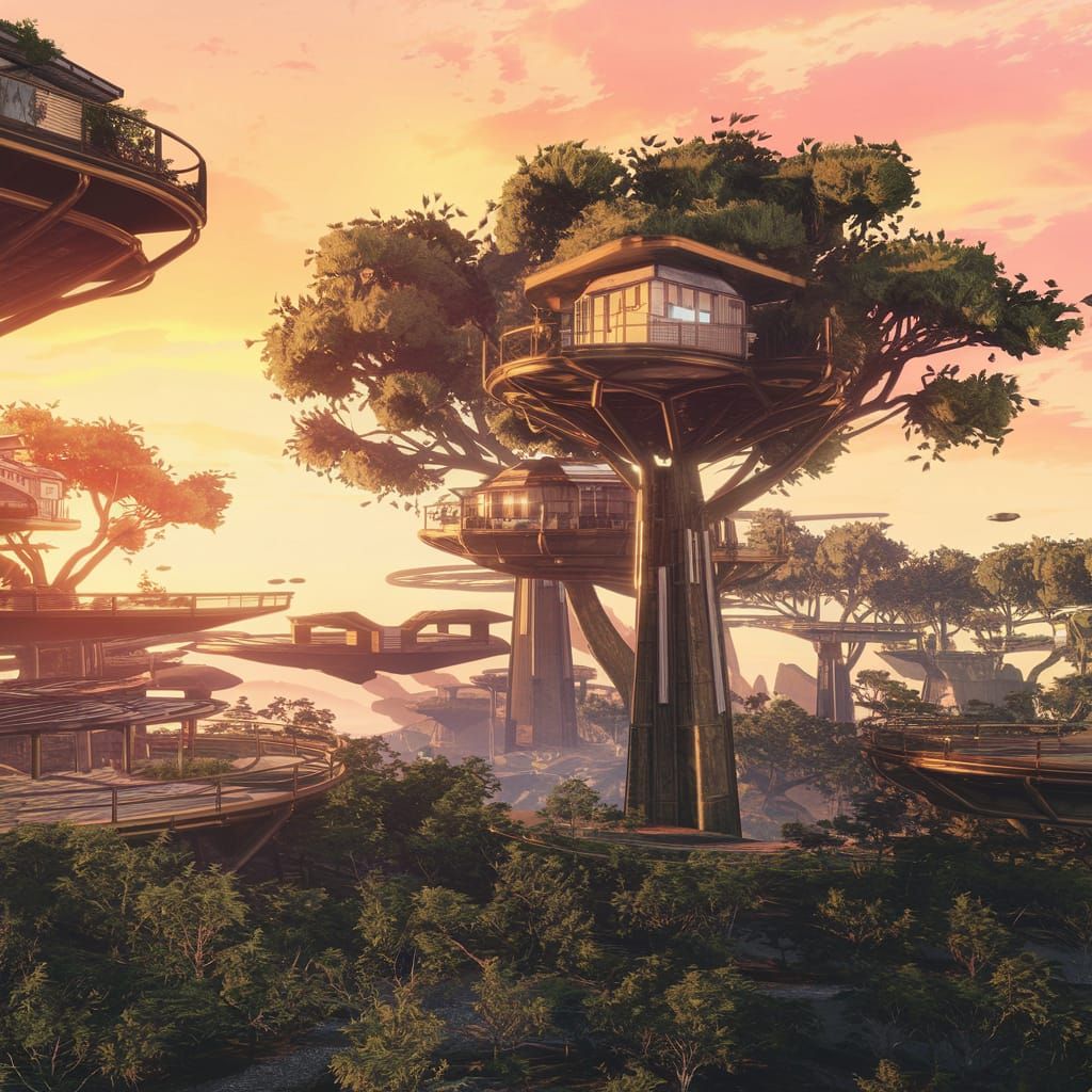 Futuristic Treehouse Landscape at Golden Hour