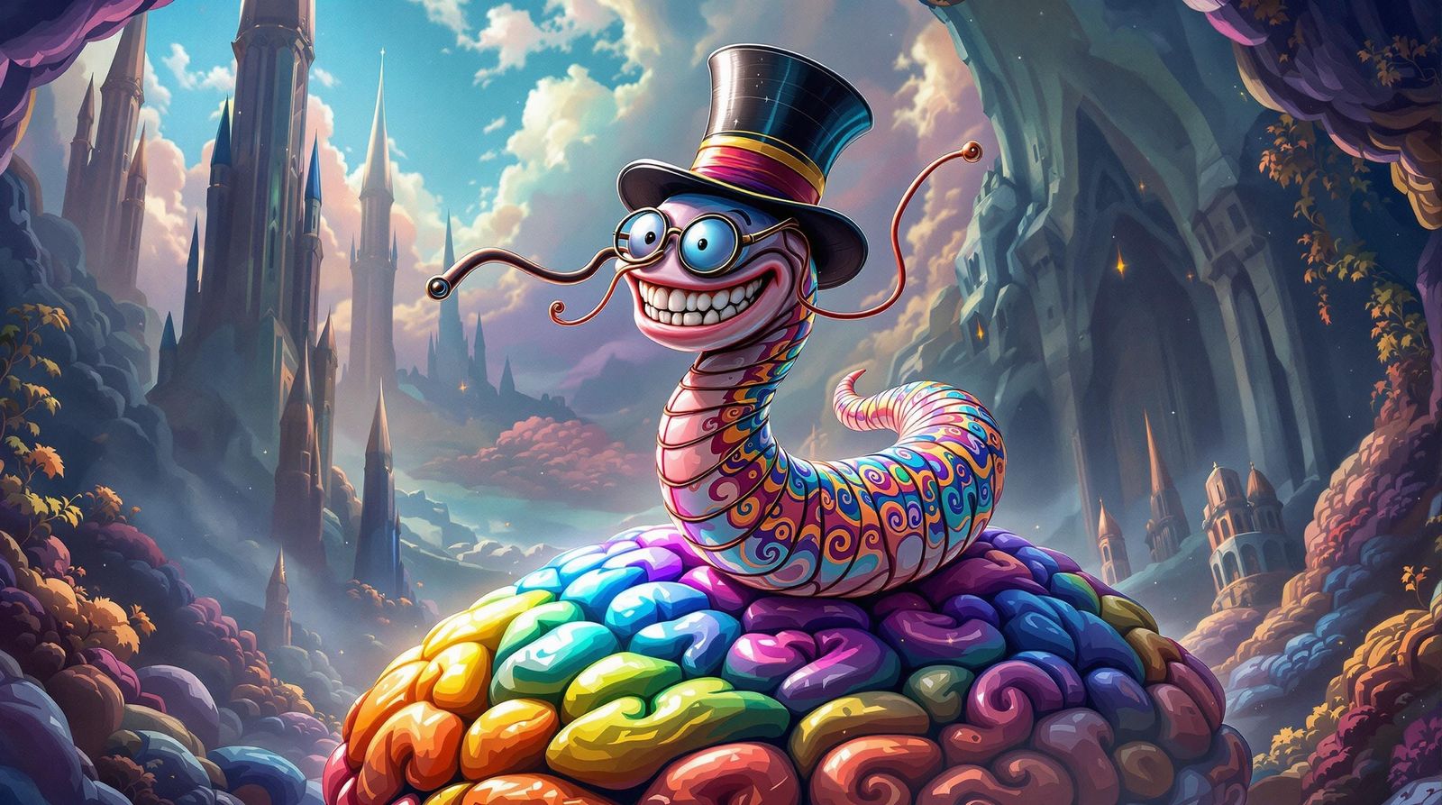Vibrant Brain Worm Tap Dance in Whimsical Dreamscape