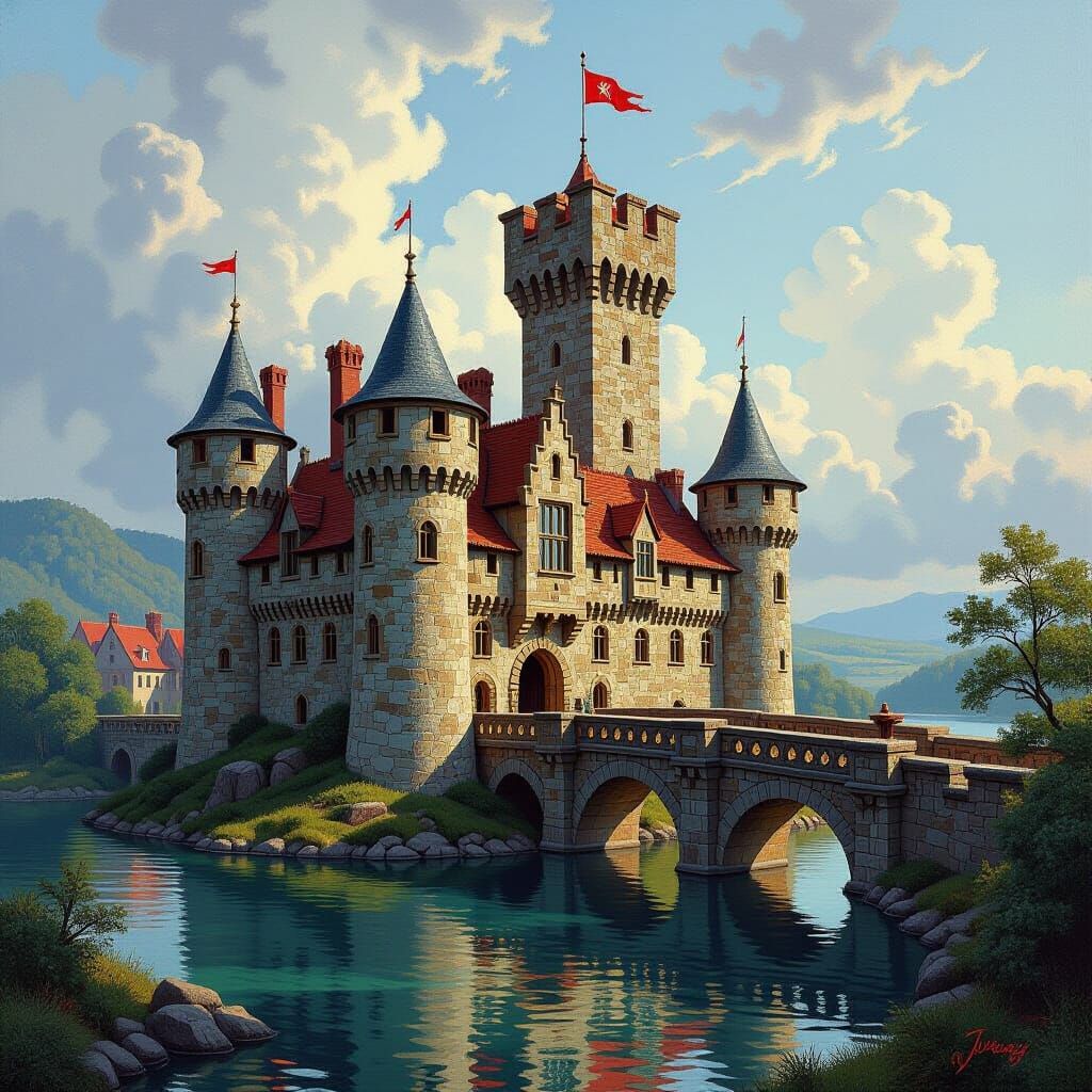 Medieval Castle with Moat and Flag, Impasto Oil Painting