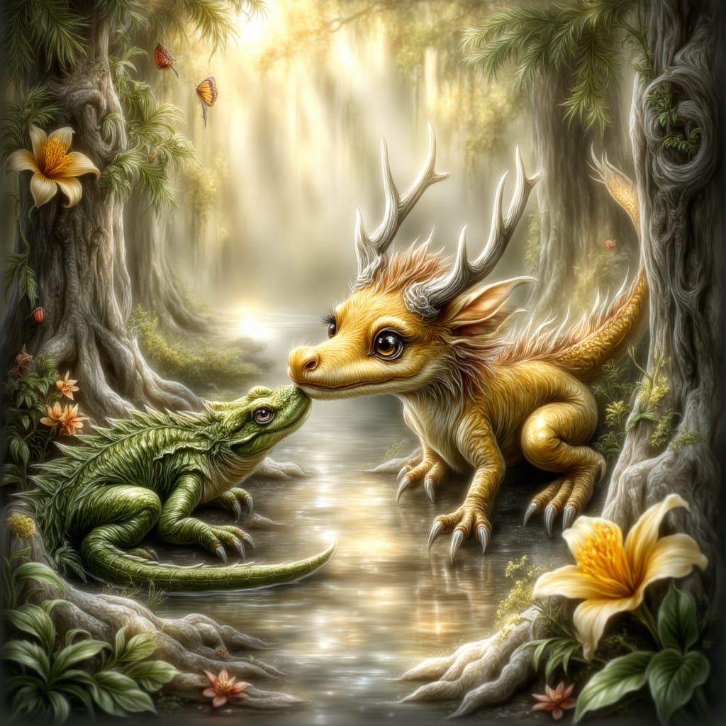 Adorable Golden Dragon Pounces on Crocodile in Forest Cleari...