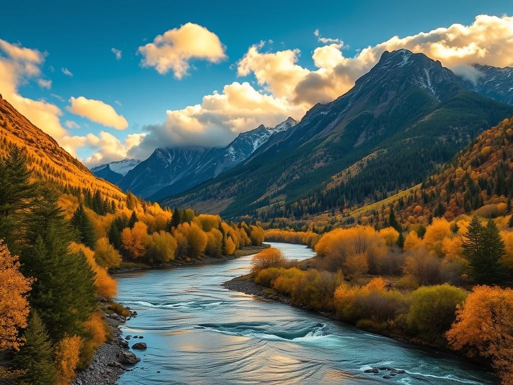 Mountain River Flies Ahead in Autumn Light