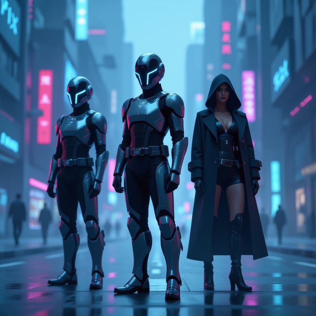 Quality Guardians in Futuristic Neon Cityscape